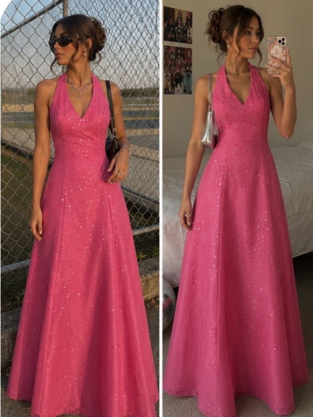 Vintage Y2K Morgan & Co Pink Sequin Beaded Halter Prom Dress Maxi Gown Size 3/4